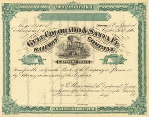 Gulf Colorado & Santa Fe Railway Co. - Texas and Oklahoma Railroad Unissued Stock Certificate