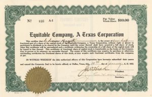 Equitable Co., A Texas Corporation - Stock Certificate