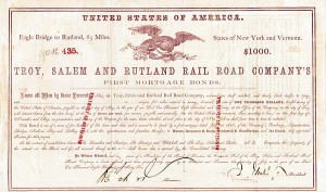 Troy, Salem, and Rutland Railroad $1,000 Mortgage Bond signed twice by Jay Gould 