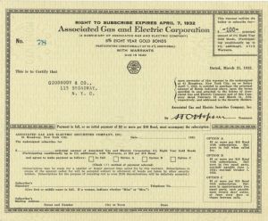 Associated Gas and Electric Corporation - 1932 dated $100 Bond Warrant