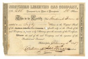 Northern Liberties Gas Co. - 1847 dated Utility Stock Certificate