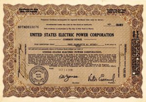 United States Electric Power Corporation - October 15, 1929 dated Utility Stock Certificate