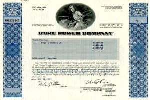 Duke Power Co. - Fully Issued Energy Stock Certificate