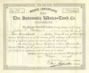 Automatic Water=Tank Co. - Stock Certificate