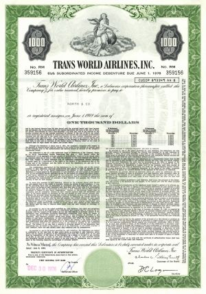 Trans World Airlines, Inc. - Commercial Airline Co. $1,000 Bond dated 1960's - Aviation