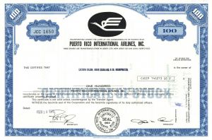 Puerto Rico International Airlines, Inc. - dated 1970's Aviation Stock Certificate - Available in Blue, Orange or Green