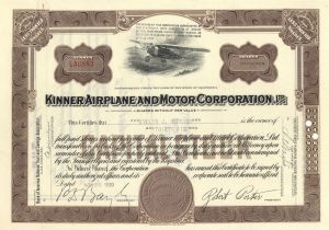 Kinner Airplane and Motor Corp. - 1930's dated Stock Certificate