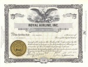 Royal Airline, Inc. - Stock Certificate