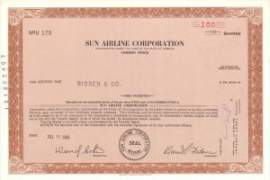 Sun Airline Corp. - Small Airline Aviation Stock Certificate