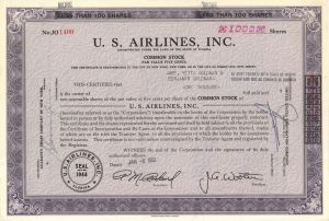 U. S. Airlines, Inc. - dated 1946-1954 Aviation Stock Certificate - Famous Freight Airline Company