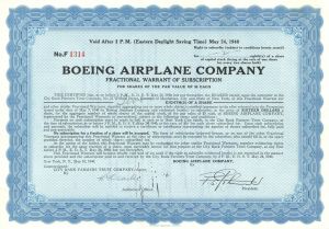 Boeing Airplane Co. - 1940 dated Aviation Stock Certificate - Very Rare