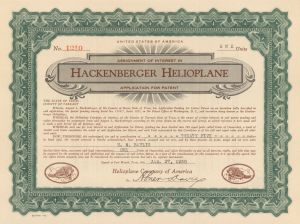 Hackenberger Helioplane - Stock Certificate