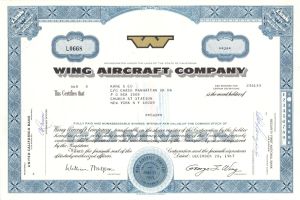 Wing Aircraft Co.  - 1967 dated Stock Certificate