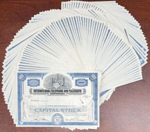 100 Pieces of ITT - International Telephone and Telegraph Corporation - 100 Stock Certificates dated 1960's-70's!