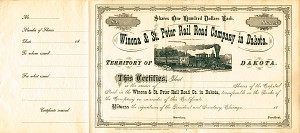 Winona and St. Peter Railroad Co. in Dakota - Stock Certificate