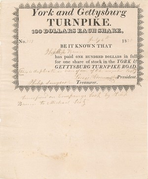 York and Gettysburg Turnpike - Stock Certificate