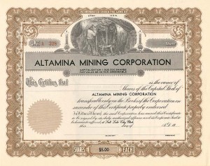 Altamina Mining Corporation - Stock Certificate