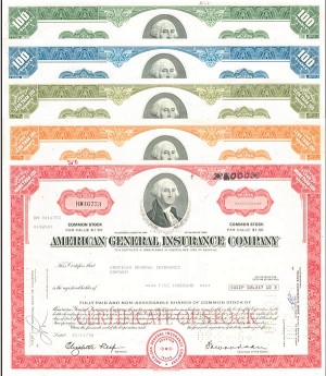 5 Stocks of the American General Insurance - 1970's dated 5 Different Color Stock Certificates - Bought Out by AIG in 2001