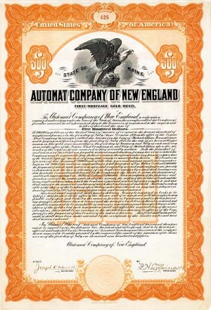 Automat Co. of New England - $500 Bond (Uncanceled)