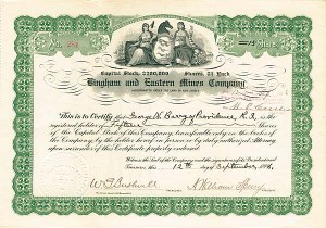 Bingham and Eastern Mines Co. - dated 1906 New Jersey & Utah Mining Stock Certificate
