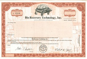 Bio Recovery Technology, Inc - Stock Certificate