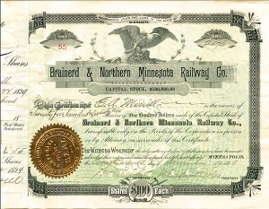 Brainerd and Northern Minnesota Railway Co. - Stock Certificate