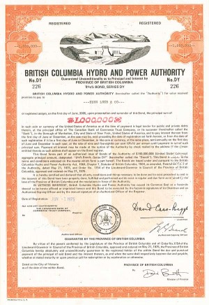British Columbia Hydro and Power Authority - $1,000,000 Bond