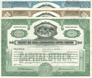 Set of 3 Calumet and Hecla Consolidated Copper Stocks - Three Mining Stock Certificates dated between 1920's-50's