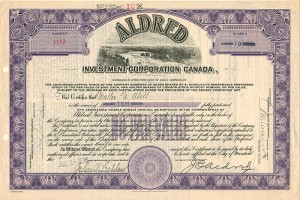 Aldred Investment Corporation Canada - 1936 dated Canadian Stock Certificate
