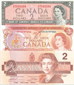Canada - 2 Canadian dollar, Set of 3 - P-76d,P-86b,P-94b - 1954, 1974, 1986 Dated Foreign Paper Money