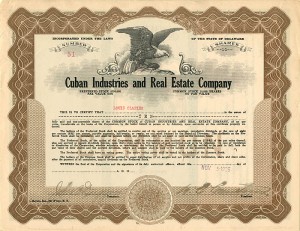 Cuban Industries and Real Estate Co. - 1926 dated Cuba Stock Certificate