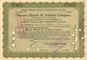 Havana Electric and Utilities Co. - 1927 dated Cuba Stock Certificate