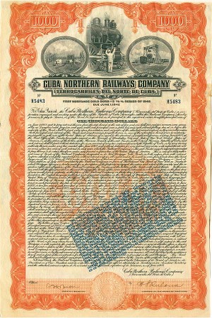 Cuba Northern Railways - 1927 dated Cuban Railroad Bond (Uncanceled)