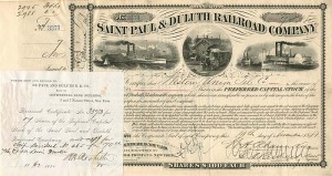 Thomas T. Eckert signed Saint Paul and Duluth Railroad Co. - Stock Certificate