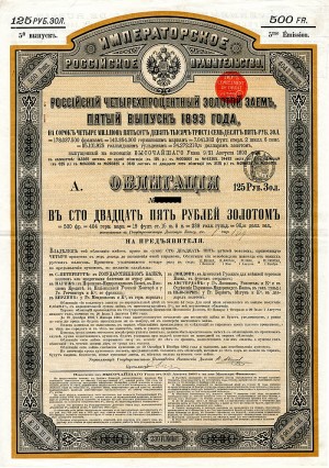 Imperial Government of Russia 4% 1893 Gold Bond (Uncanceled)
