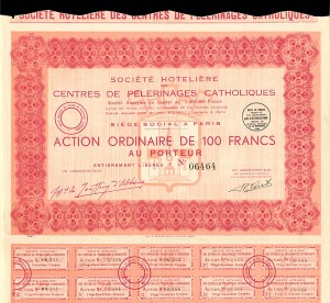 Societe Hoteliere Des Centres De Pelerinages Catholiques - Stock Certificate