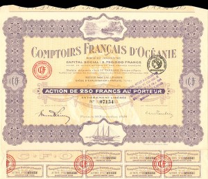 Comptoirs Francais D'Oceanie - 1920 dated French Stock Certificate - Action or Share
