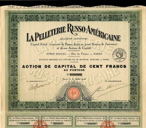 La Pelleterie Russo-Americaine - Stock Certificate