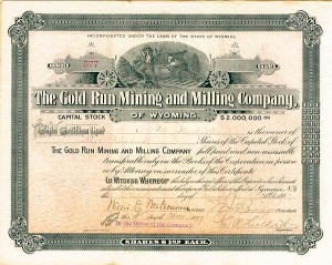 Gold Run Mining and Milling Co. of Wyoming - Stock Certificate