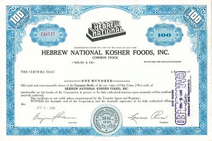 Hebrew National Kosher Foods, Inc - Stock Certificate