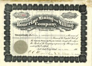 Honerine Mining and Milling Co. - Utah Mining Stock Certificate