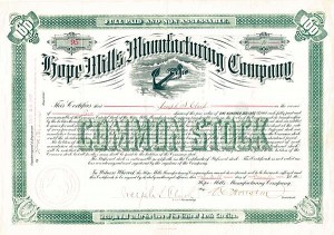 Hope Mills Manufacturing Co. - Stock Certificate