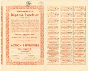 Automobiles Imperia-Excelsior Societe Anonyme - Stock Certificate