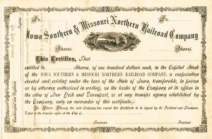 Iowa Southern and Missouri Northern Railroad - Stock Certificate