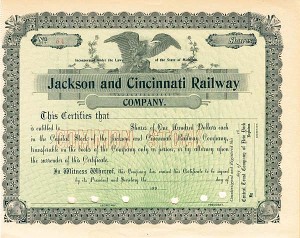 Jackson and Cincinnati Railway - Stock Certificate