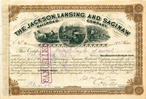 Jackson Lansing and Saginaw RR Stock issued to Moses Taylor and signed by Cornelius Vanderbilt Jr. (Uncanceled)