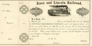 Knox and Lincoln Railroad Co. - Unissued Only - Stock Certificate