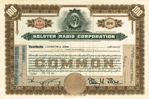 Kolster Radio Corporation - 1920's-30's dated Stock Certificate