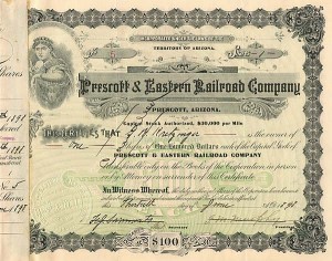 Prescott and Eastern Railroad Co. signed by George Washington Kretzinger - Autograph Arizona Stock Certificate - Part of the Atchison, Topeka and Santa Fe Railroad