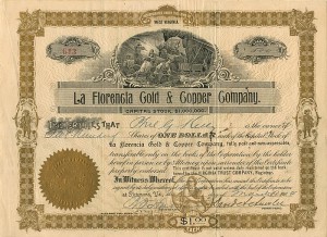 La Florencia Gold and Copper Co. - 1904 dated Stock Certificate - Incorporated Richmond, Virginia - Mines located in Montezuma, Sonora, Mexico